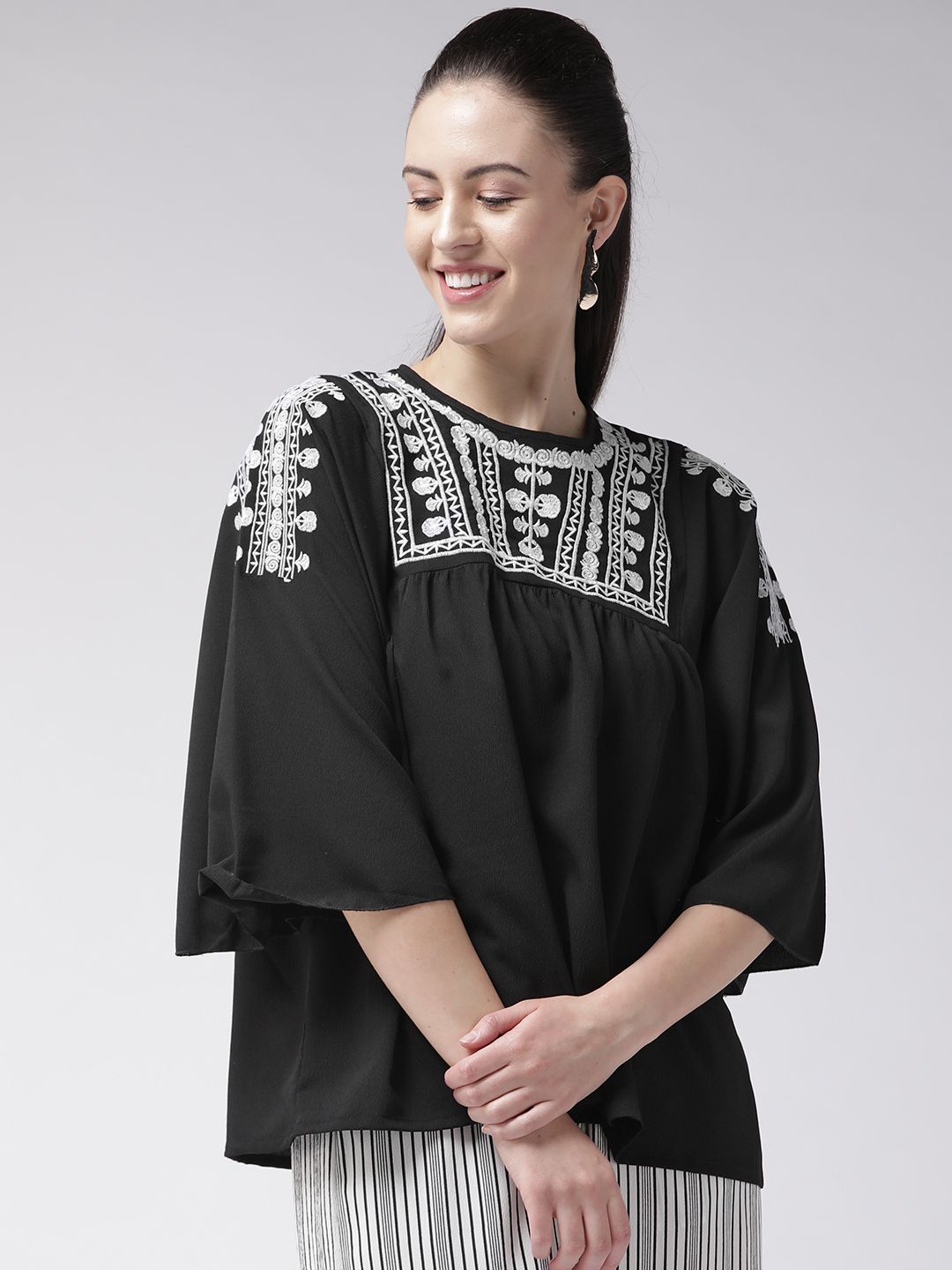 plusS Women Black & White Embroidered A-Line Top