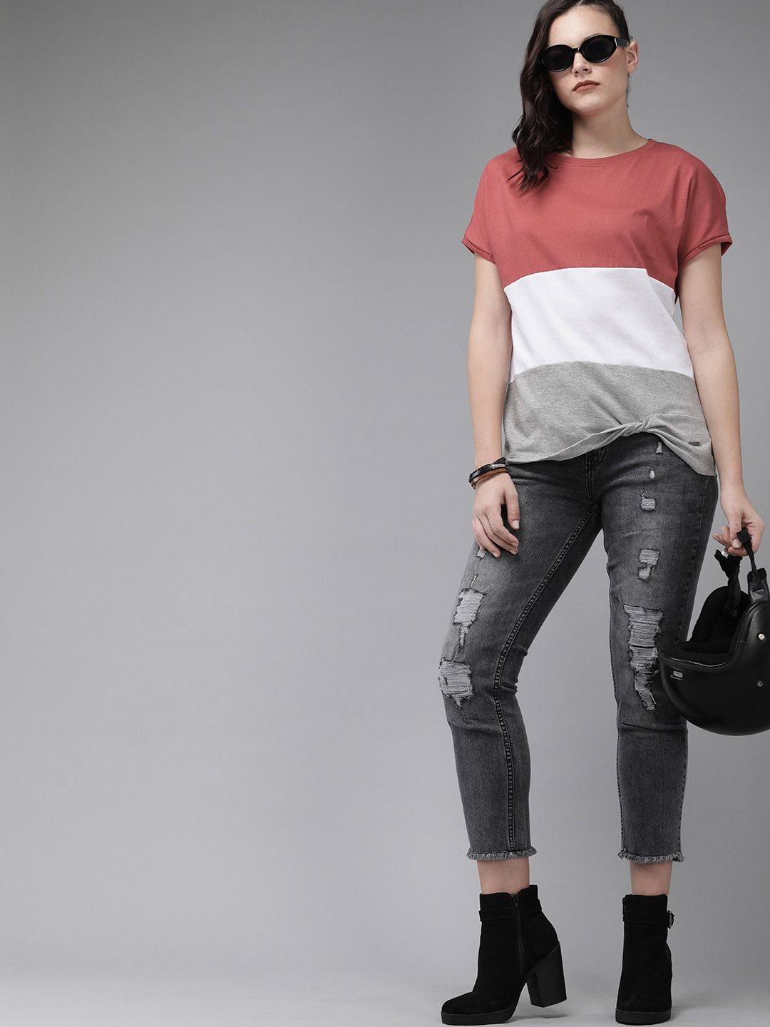 Roadster Women Rust Pink Colourblocked Relaxed Fit Cotton T-shirt With Twisted Detail