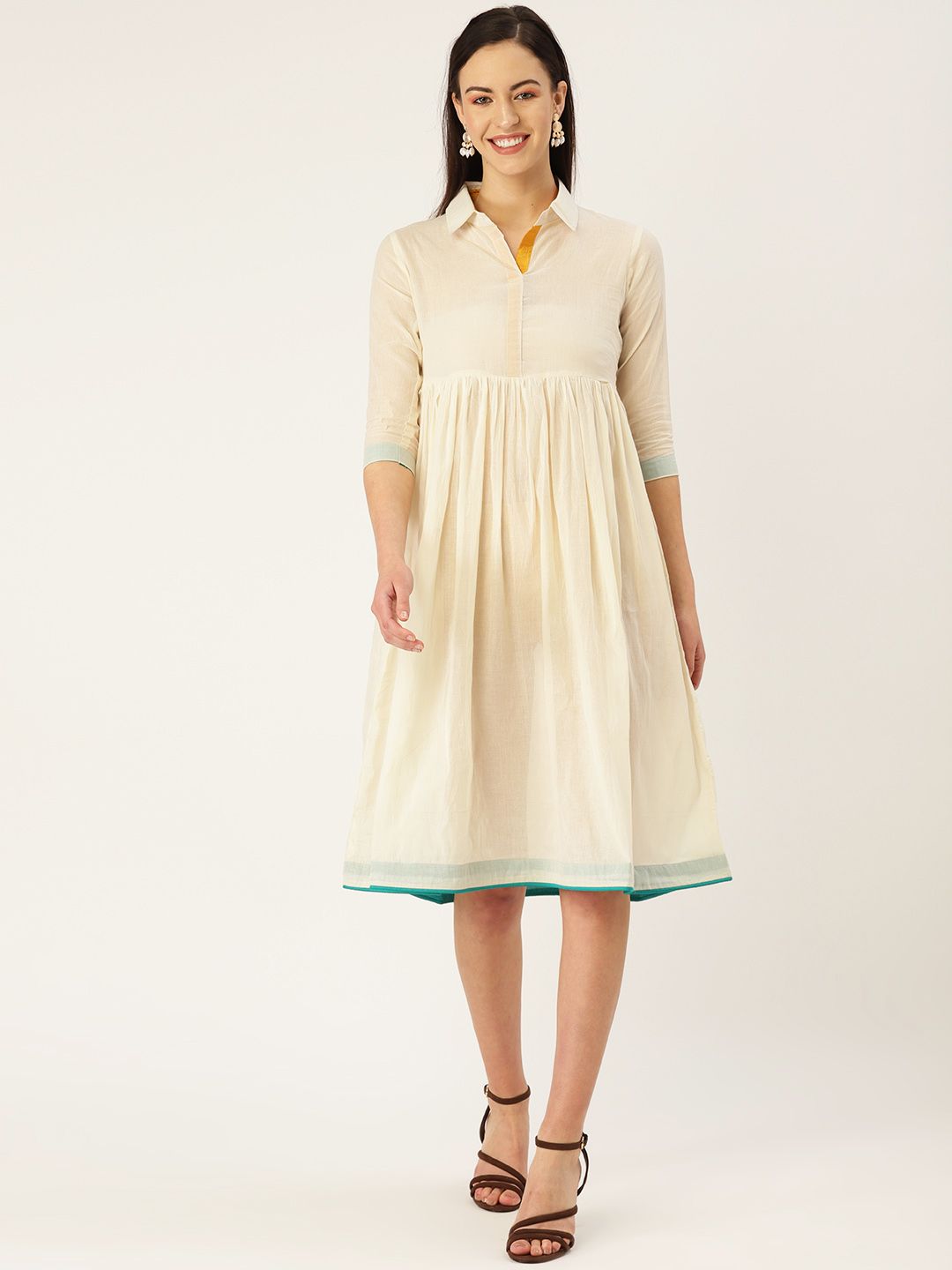 MBE Women Off-White Solid A-Line Dress