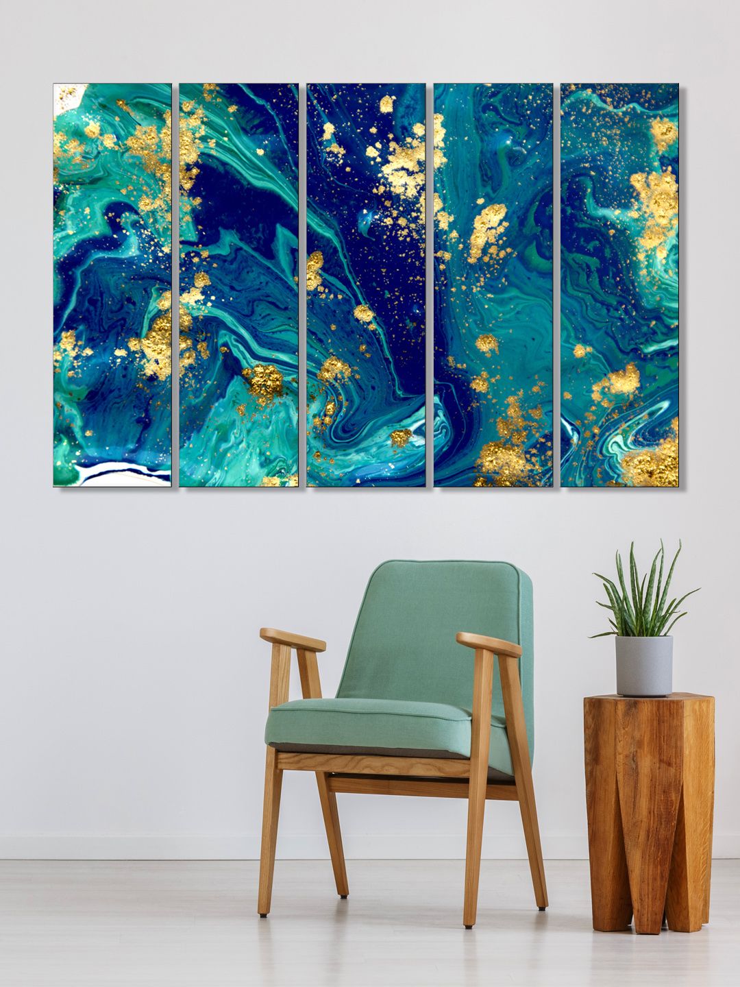 999Store Set of 5 Blue & Green Printed Framed Wall Art