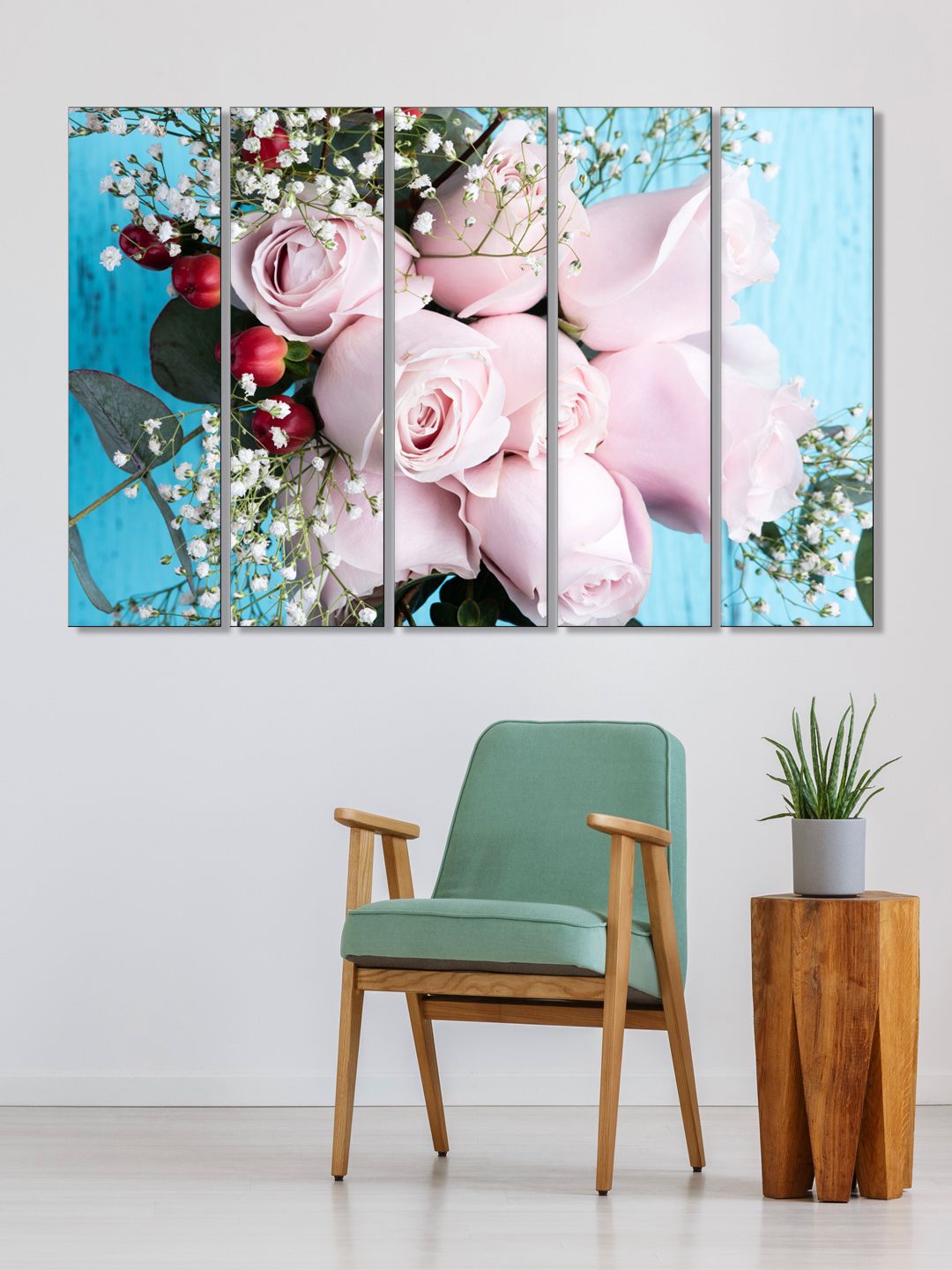 999Store Pink MDF 5 Pcs Wall Living Room Rectangle Paintings Wall Art -29.92 x 10.24In