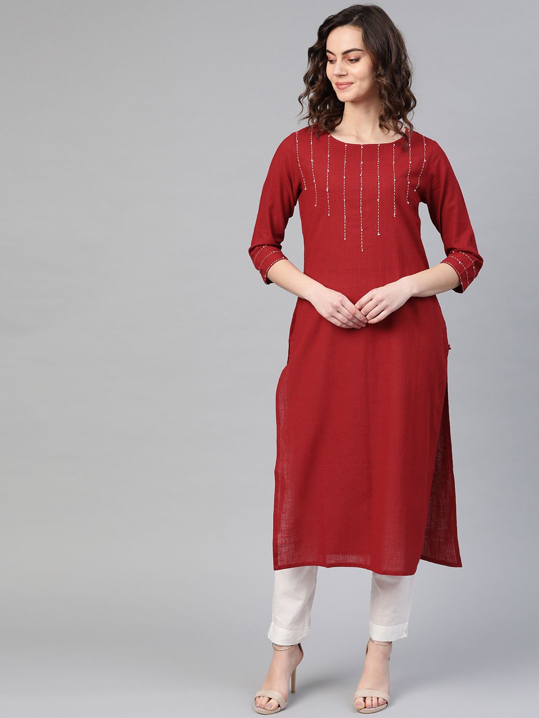 KSUT Women Maroon Yoke Design Straight Kurta