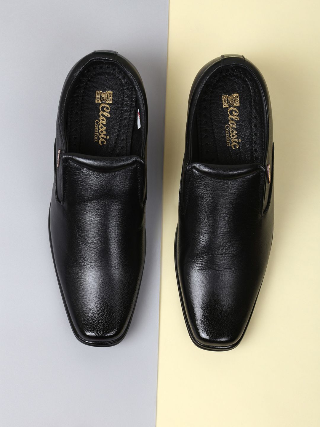 Red Chief Men Black Solid Leather Formal Slip-Ons