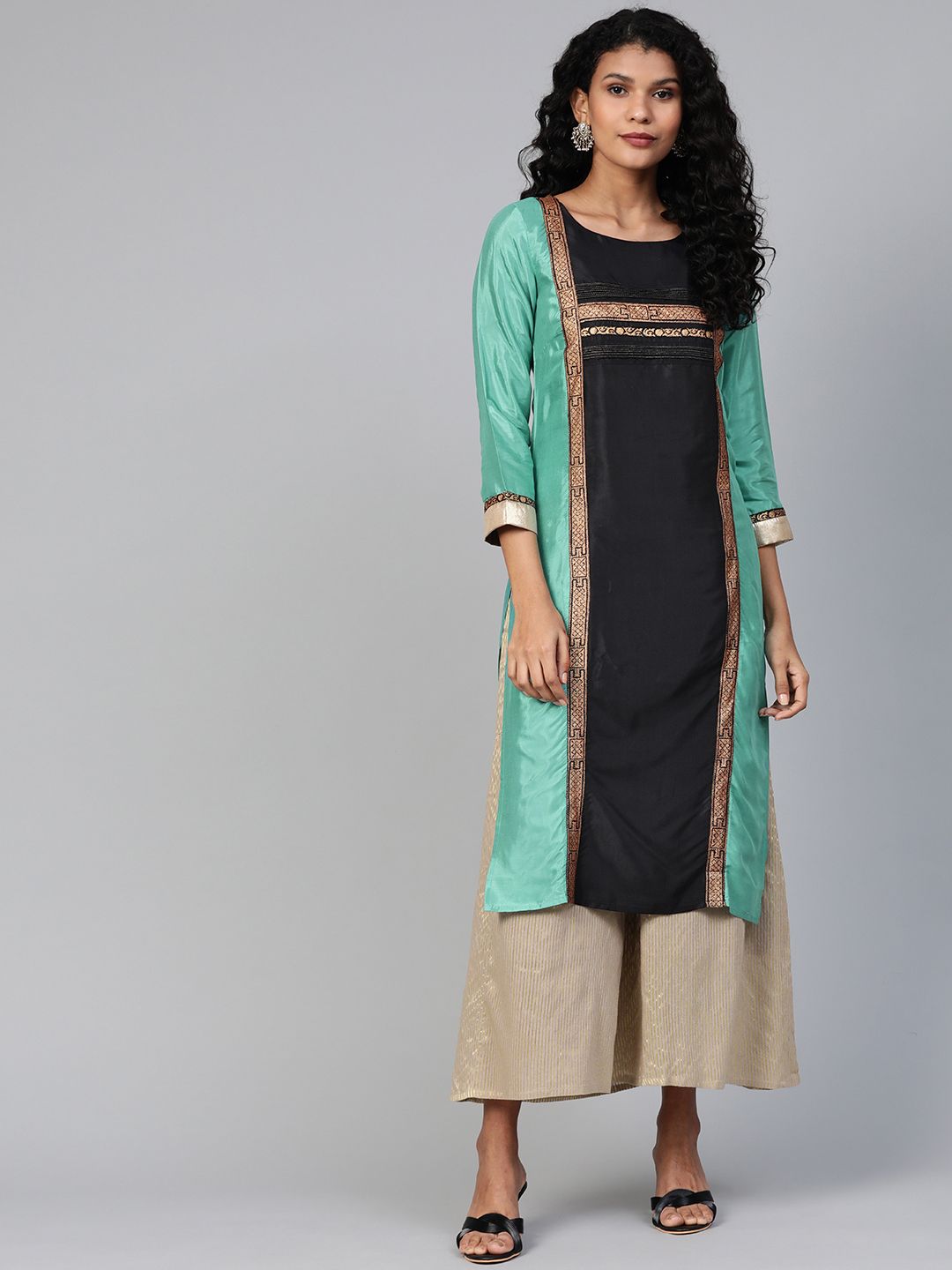 W Women Black & Sea Green Colourblocked Straight Kurta