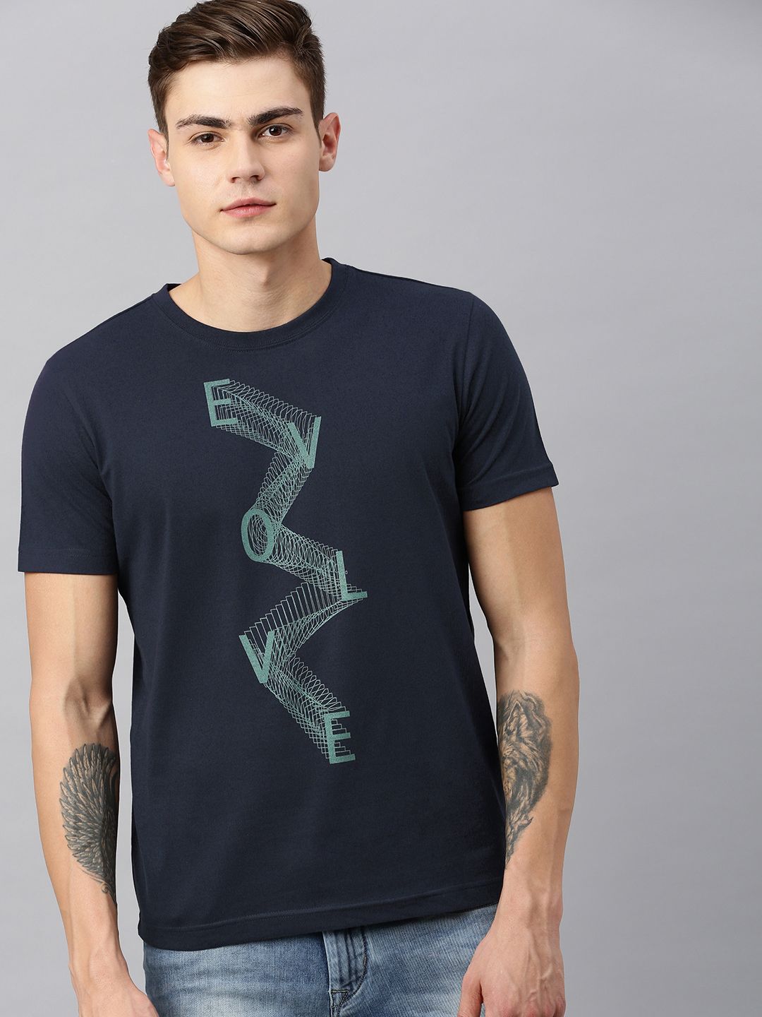Huetrap Men Navy Blue Printed Round Neck T-shirt
