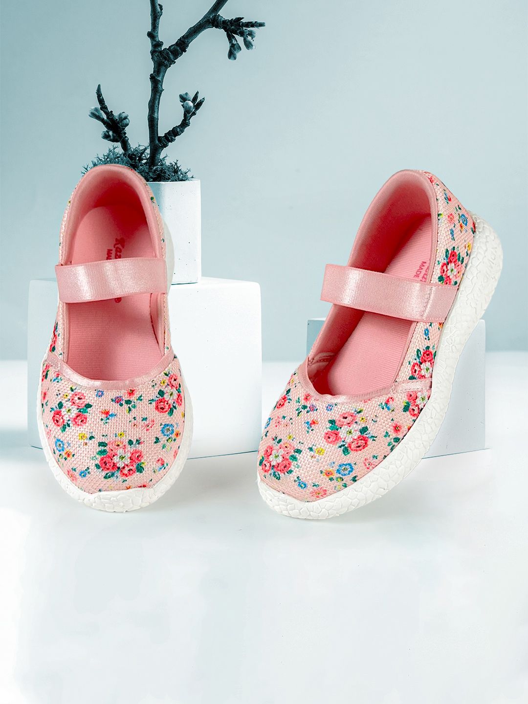 KazarMax Girls Peach Floral Printed Mesh Lightweight Slip-On Flat Ballerina