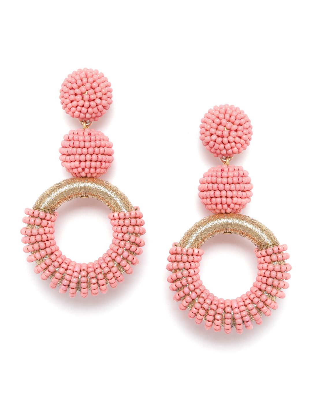 RICHEERA Pink & Gold-Toned Beaded Circular Drop Earrings