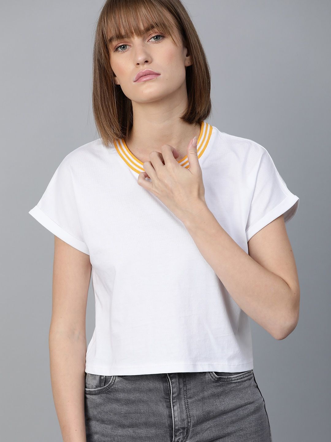 Roadster Women White Boxy Fit Solid Round Neck Crop T-shirt