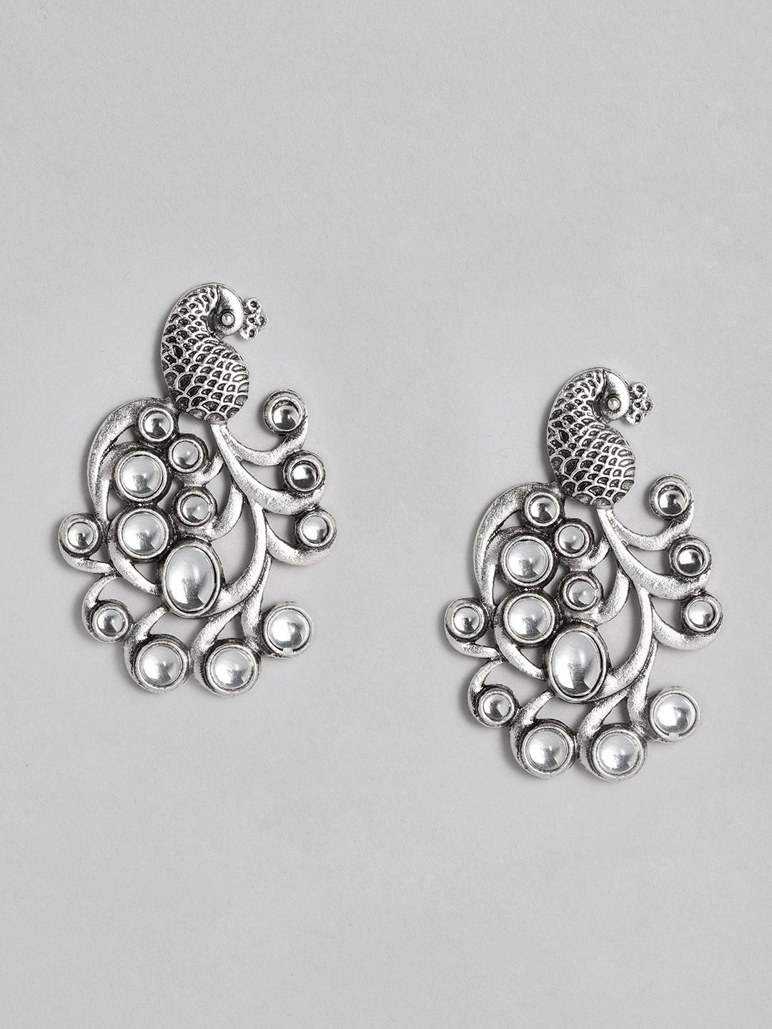 DressBerry Oxidized Silver-Plated Peacock Shaped Oversized Studs