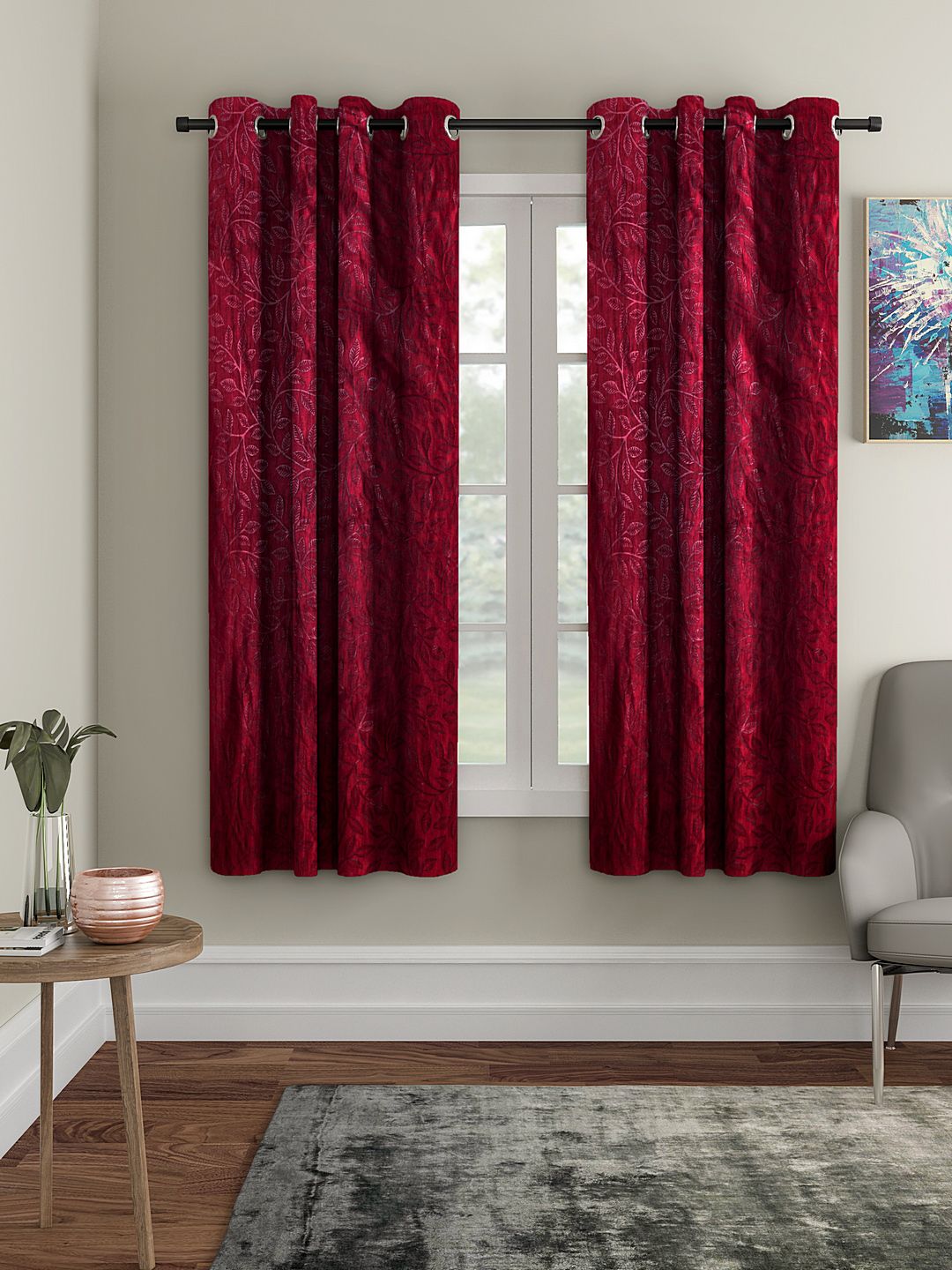 Buy Cortina Maroon Set Of 2 Embossed Leaf Print Window Curtains -  - Home for Unisex