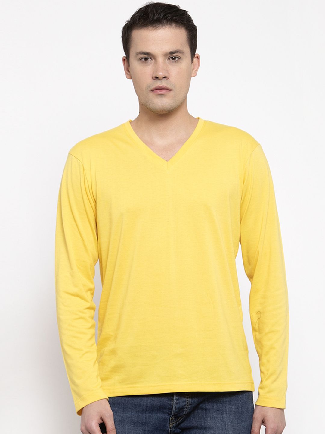 Friskers Men Yellow Solid V-Neck T-shirt