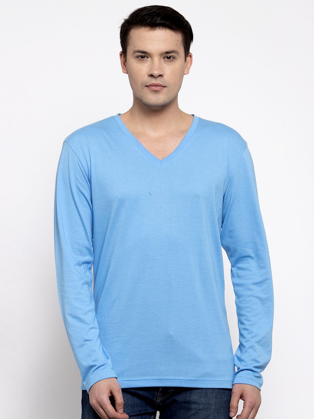 Friskers Men Turquoise Blue Solid V-Neck T-shirt