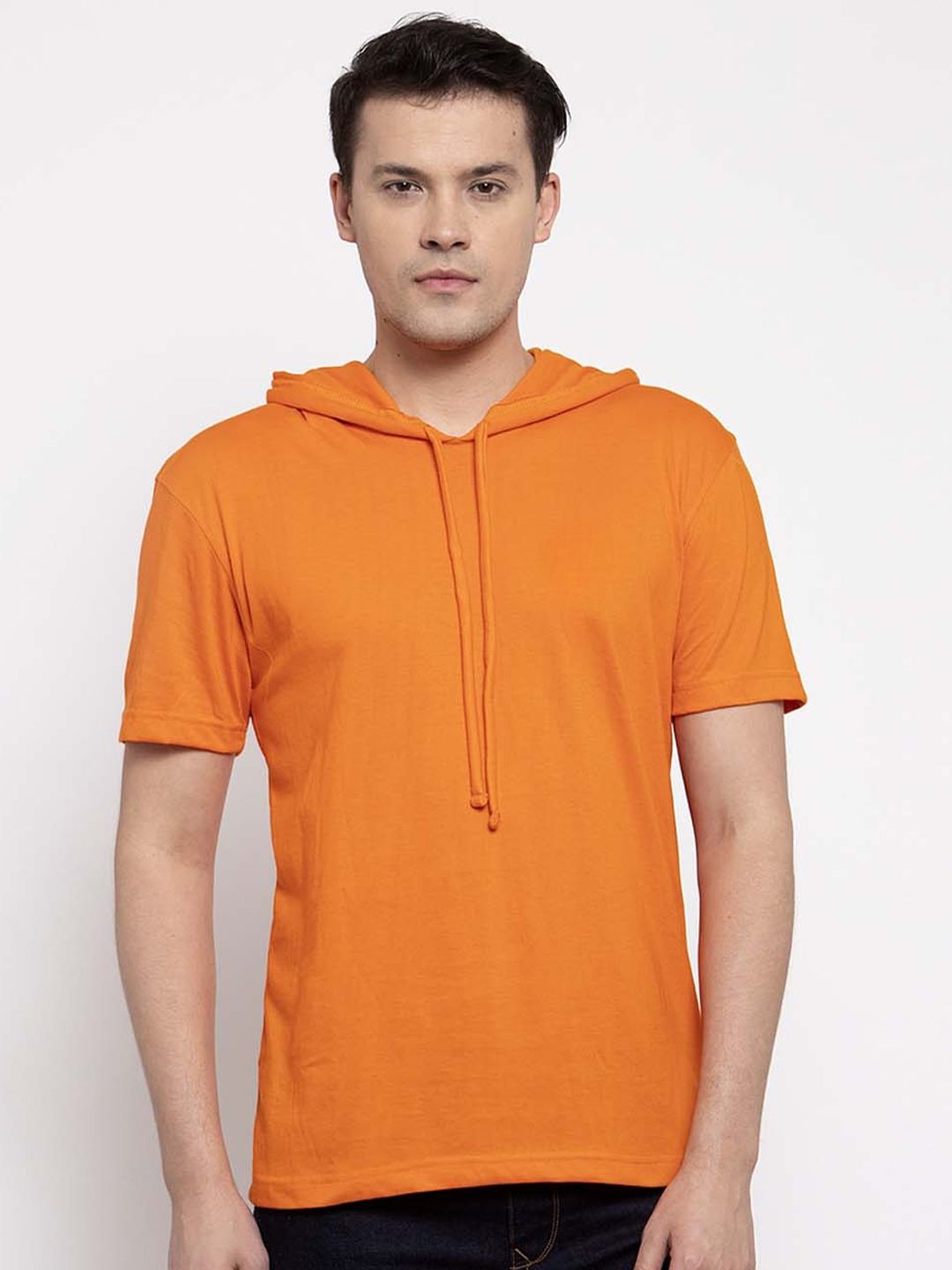 Friskers Men Orange Solid Hooded T-shirt