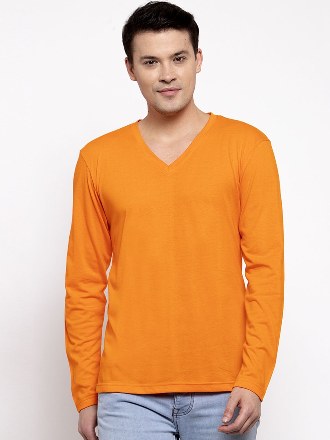 Friskers Men Orange Solid V-Neck T-shirt