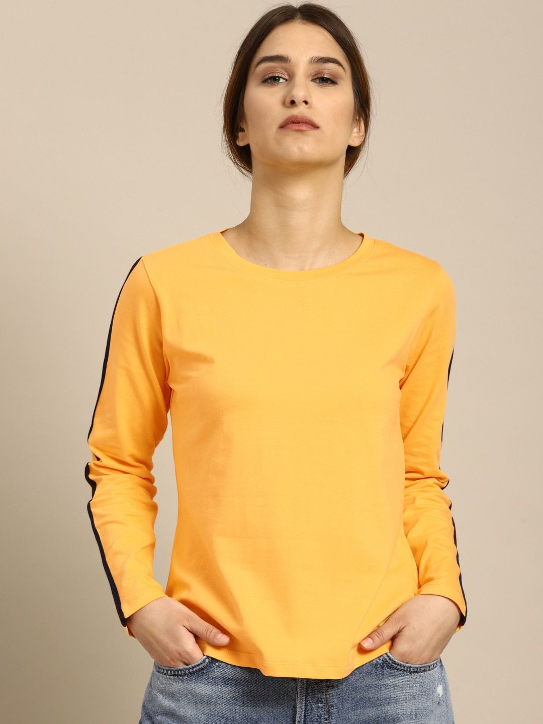 ether Women Mustard Yellow Solid Round Neck T-shirt with Striped Sleeves