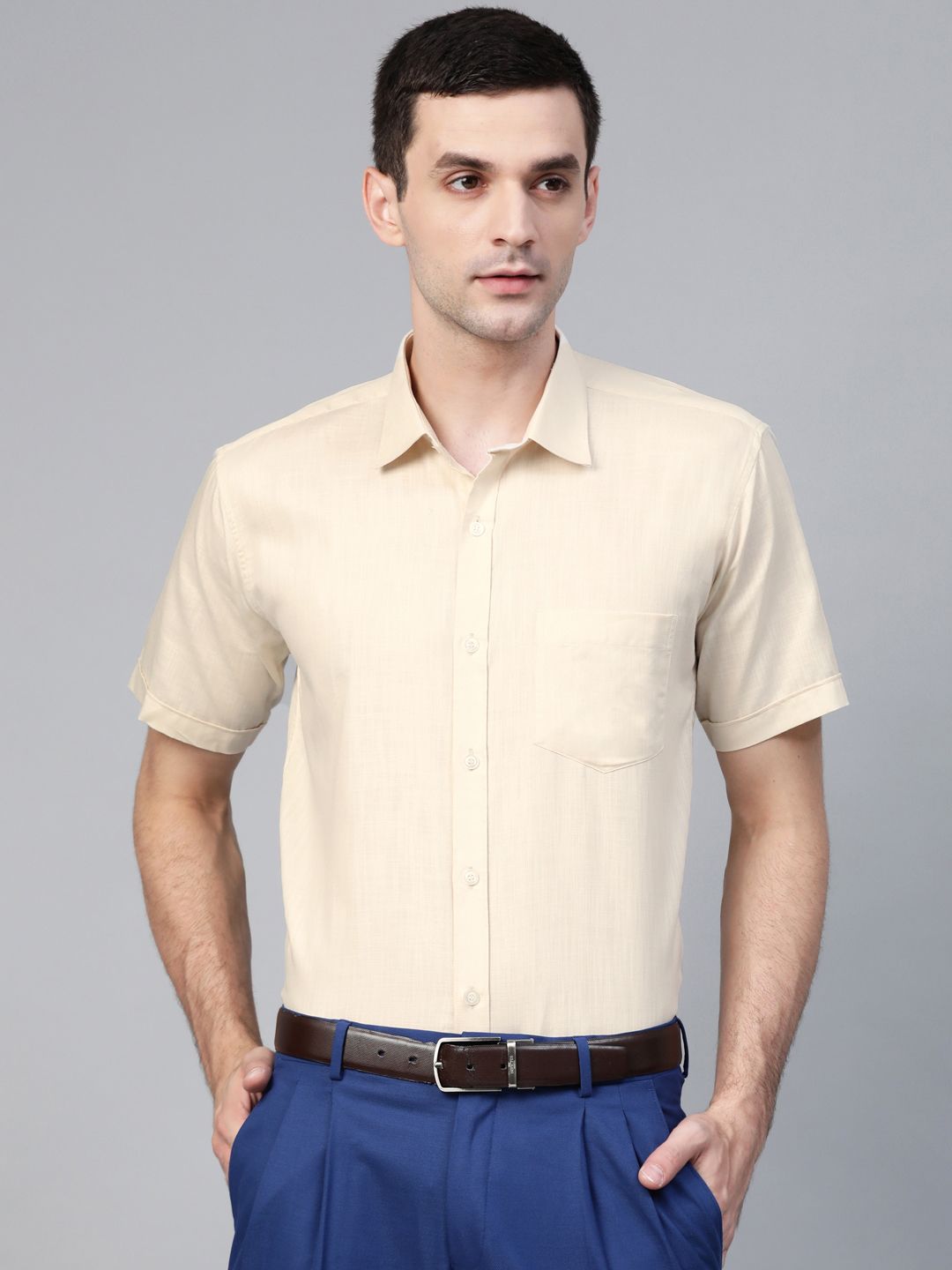 MANQ Men Cream-Coloured Regular Fit Solid Formal Shirt