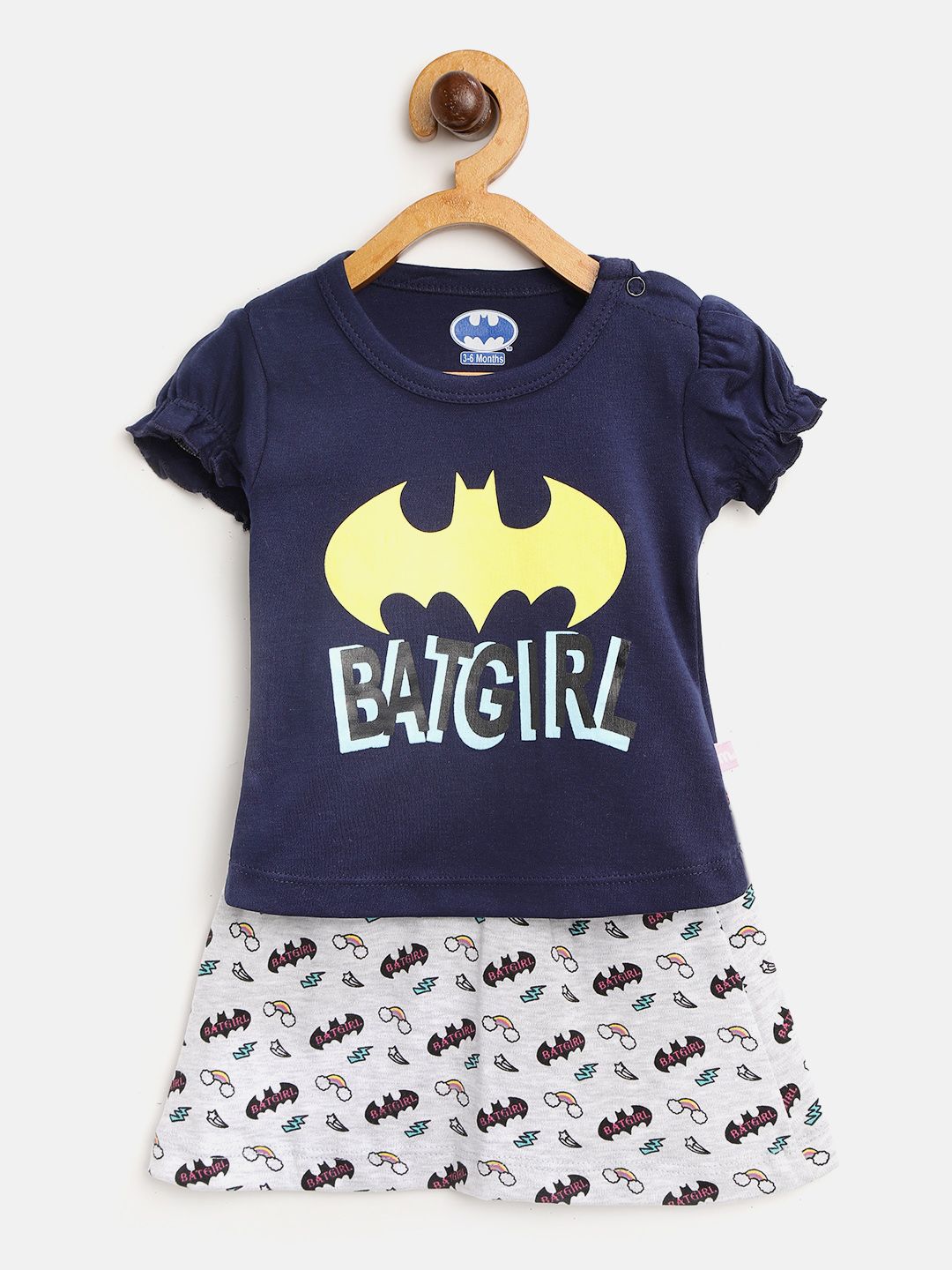 Moms Love Girls Navy Blue & Grey Melange Batgirl Print Top with Skirt
