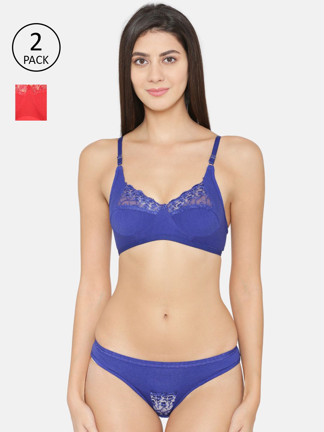ABELINO Women Pack Of 2 Blue & Red Solid Lingerie Set