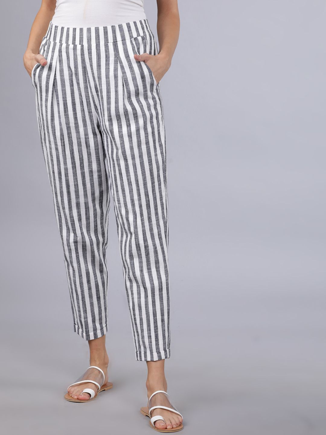 Tokyo Talkies Women Blue & White Regular Fit Striped Regular Trousers
