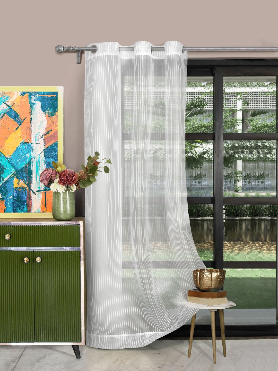 ROSARA HOME White Striped Sheer Door Curtain