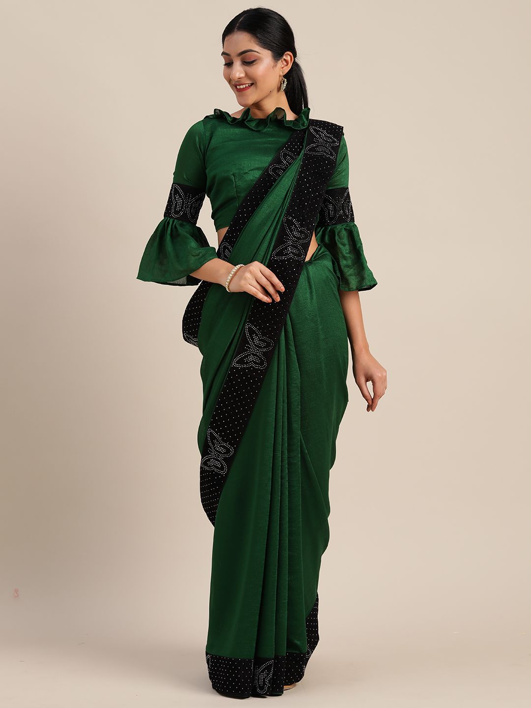 Mitera Green Solid Lace Saree with Embellished Border
