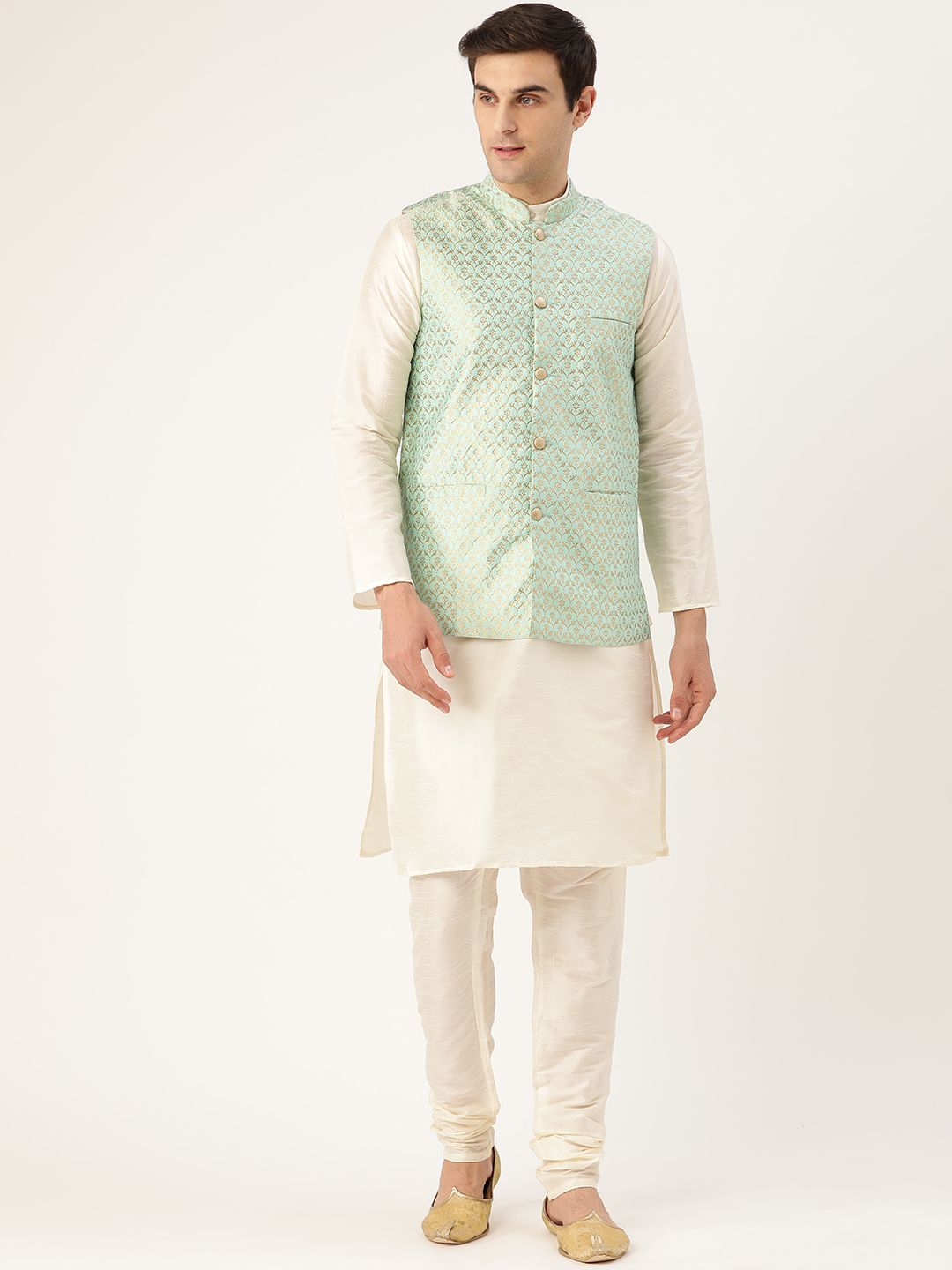 SOJANYA Men Off-White & Sea Green Solid Kurta with Churidar & Nehru Jacket