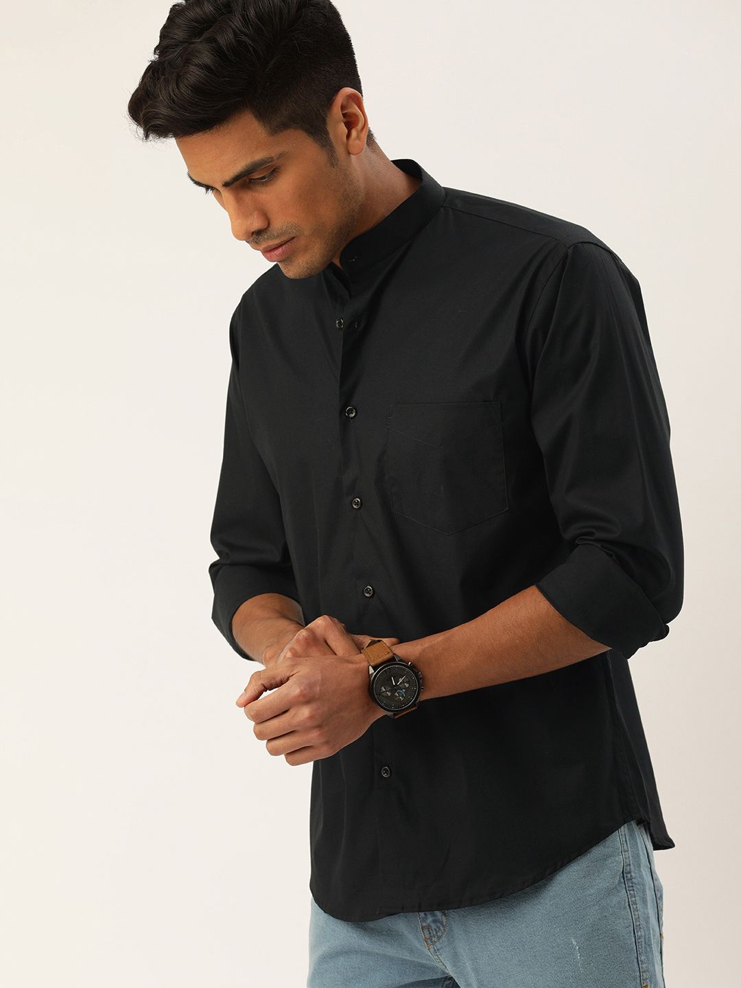 Hancock Men Black Slim Fit Solid Casual Shirt
