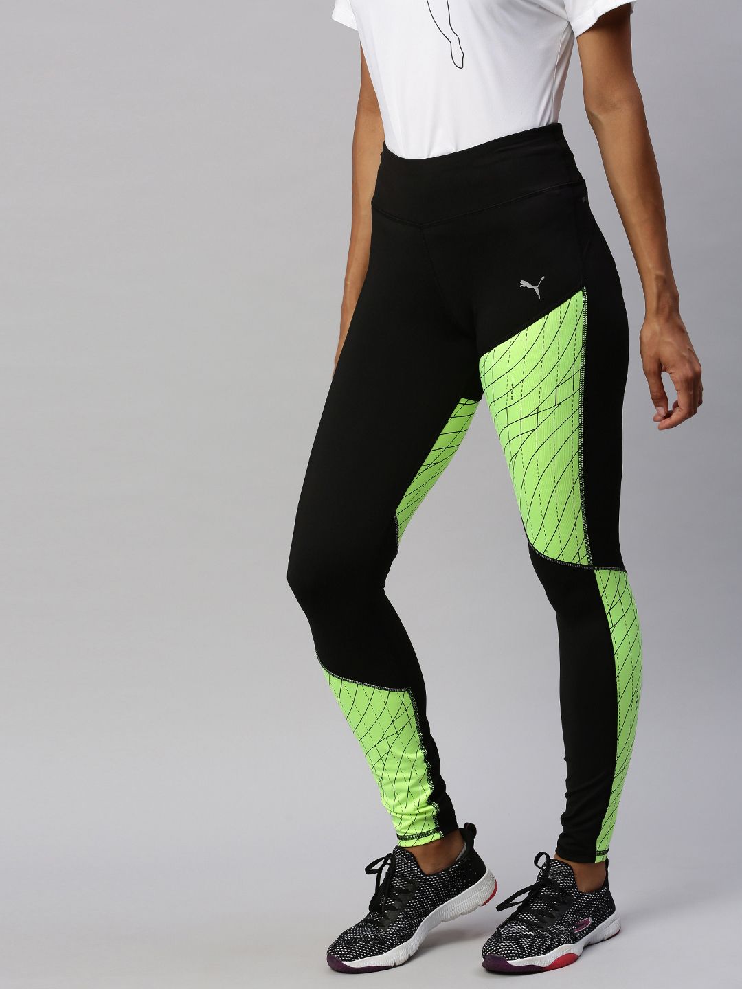 Puma Women Black & Fluorescent Green Colourblocked Run Graphic Regular Rise Long Tights