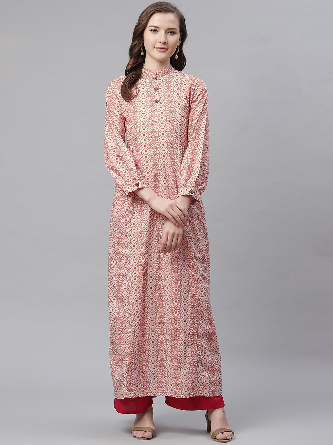 Divena Women White & Pink Printed A-Line Kurta