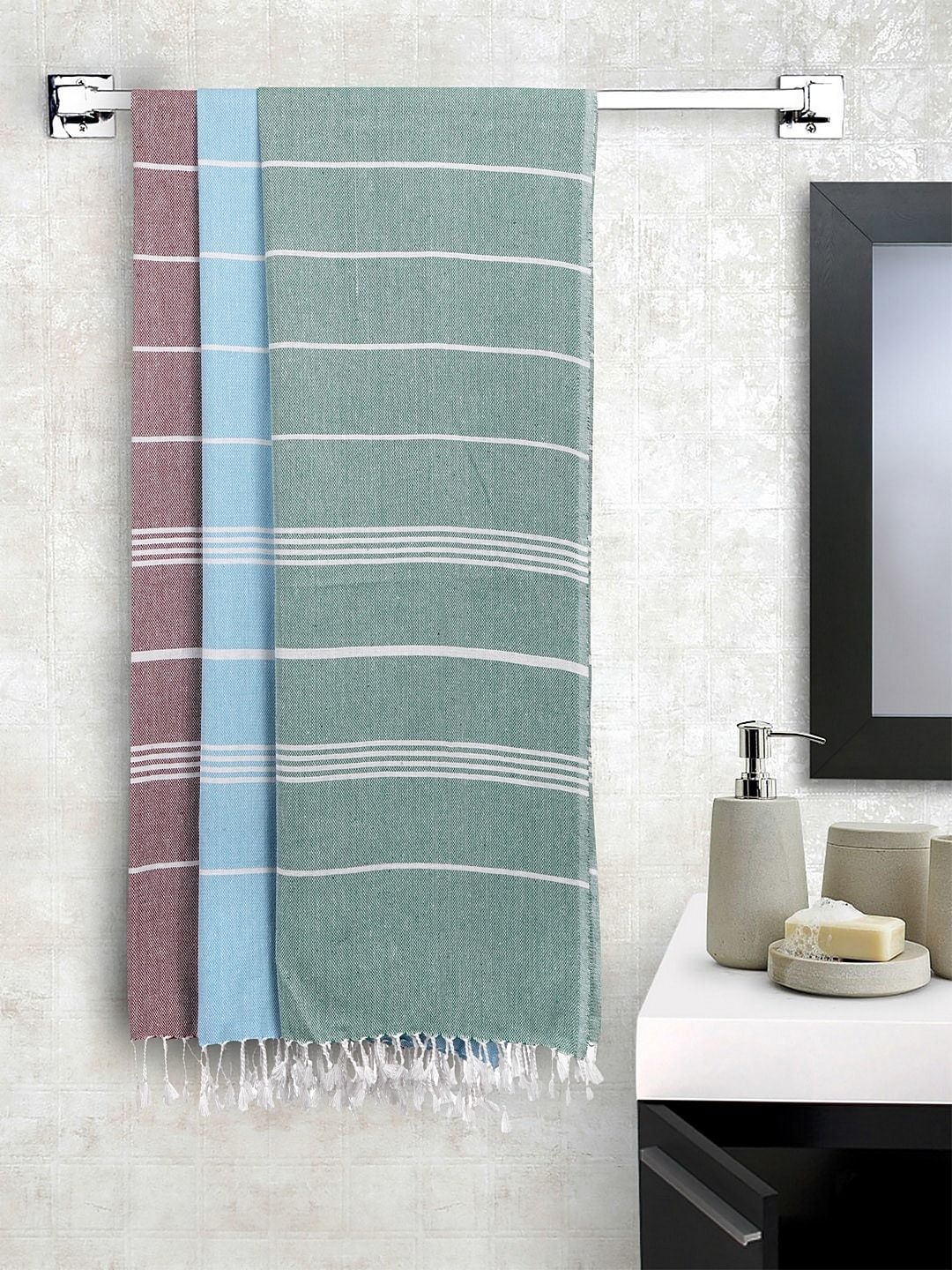 KLOTTHE Striped Cotton 210GSM Super Soft 3PCs Adult Regular Bath Towel-59x30In