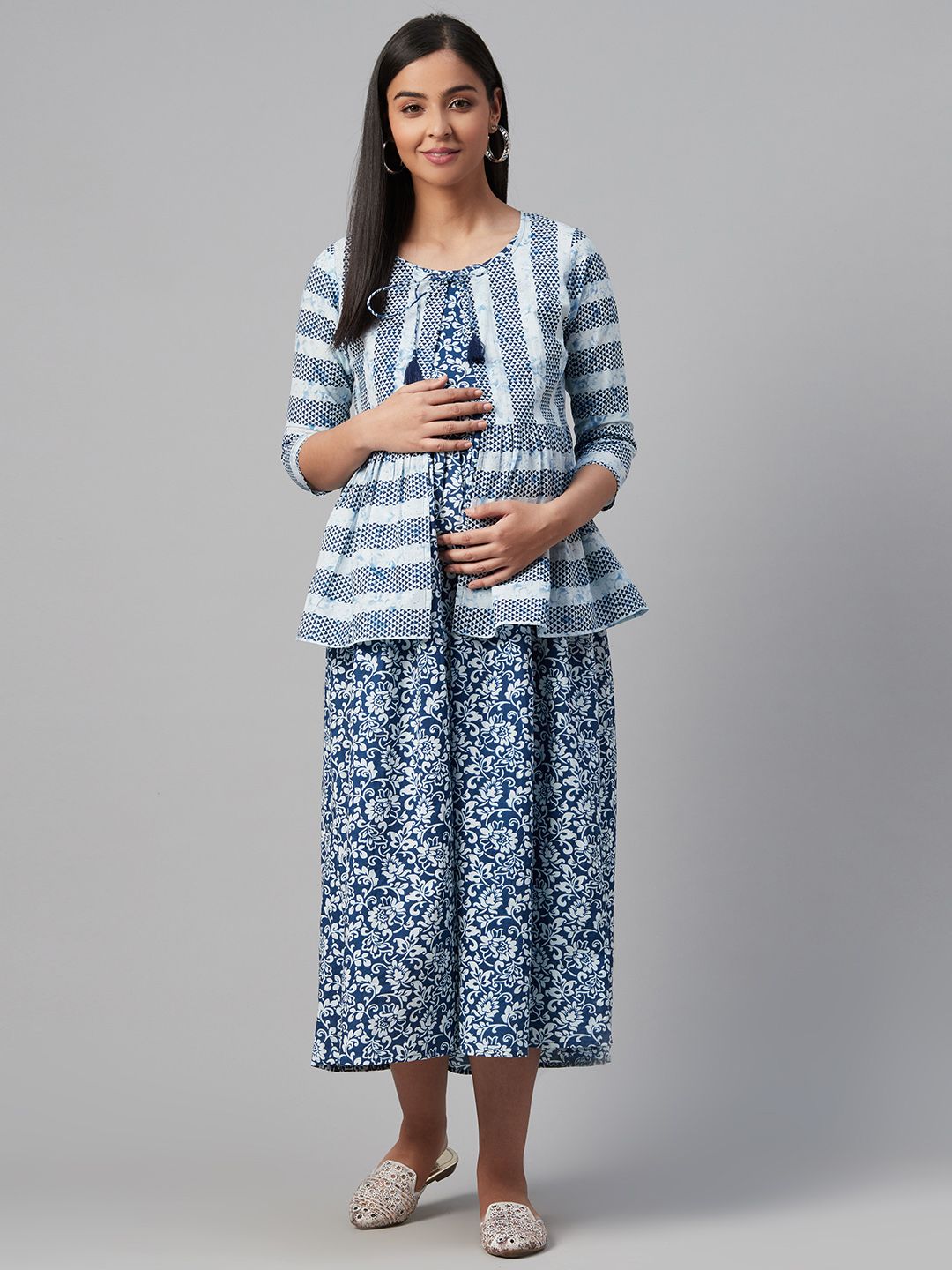 anayna Blue & White Ethnic Motifs Printed Cotton Maternity A-Line Dress with Ethnic Jacket