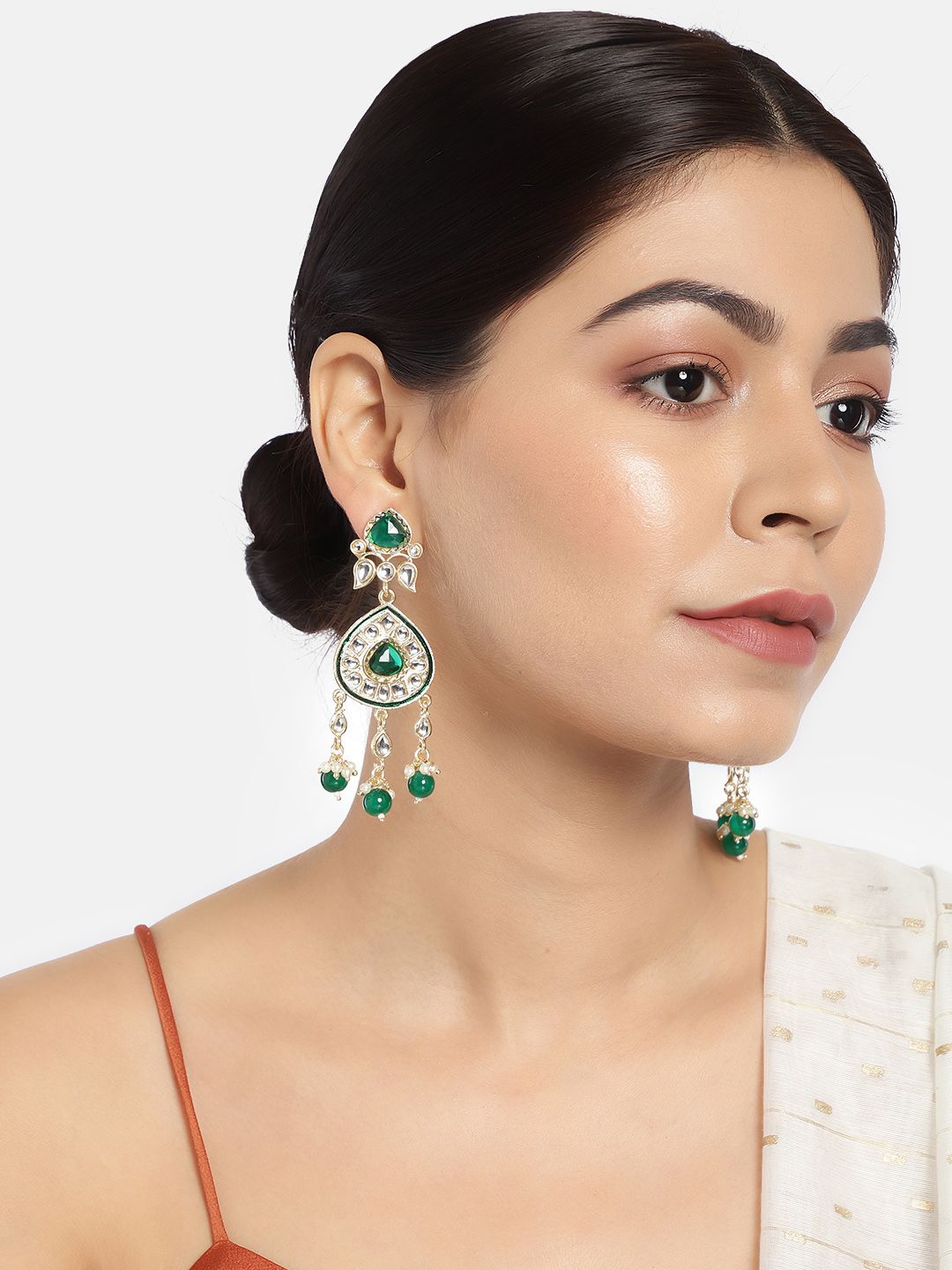 LAIDA Gold-Plated & Green Kundan Studded Contemporary Drop Earrings
