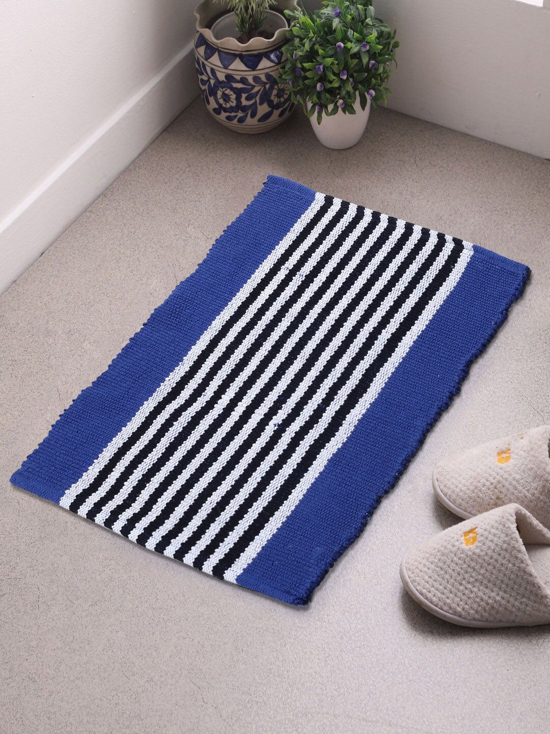 Saral Home Blue & Black Striped Dhurrie