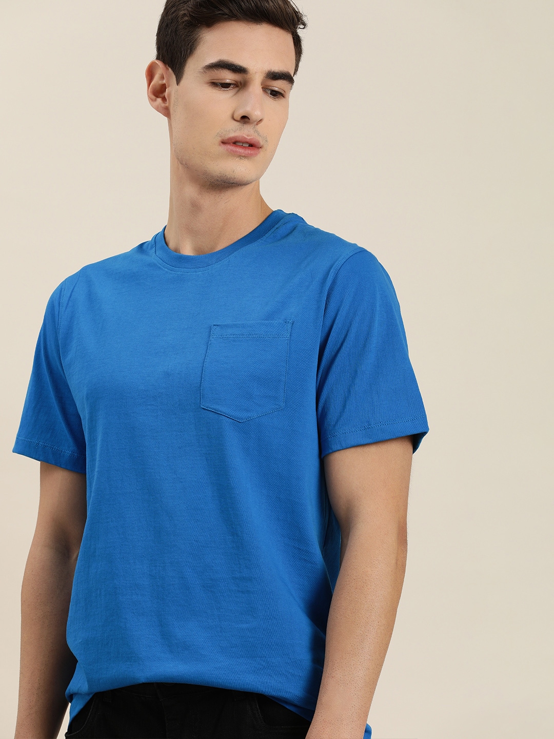 [Size S] INVICTUS Men Blue Solid Pure Cotton N9 Pure Silver Round Neck Pure Cotton T-shirt