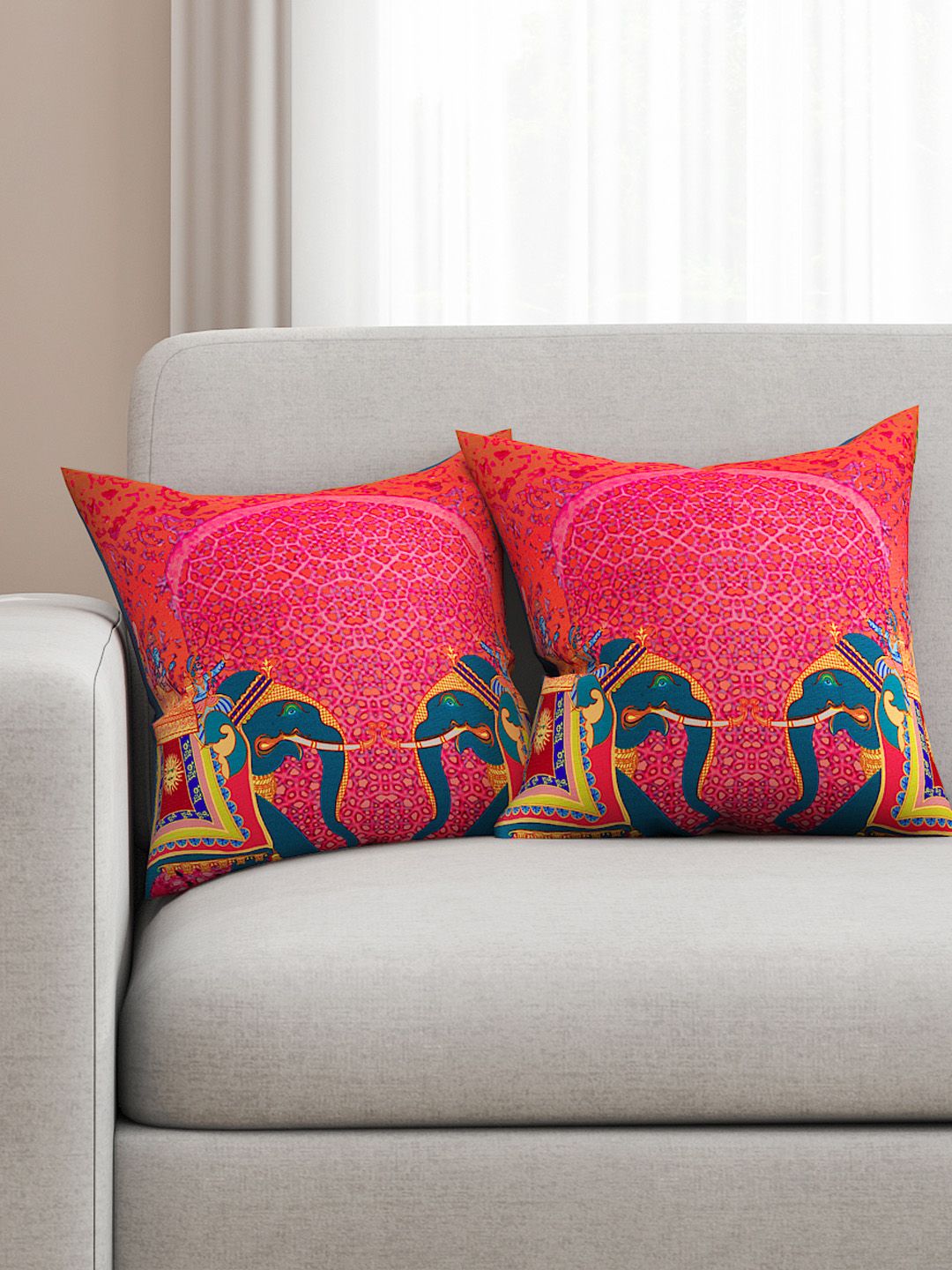 SEJ by Nisha Gupta Abstract Ethnic Motifs Cotton HD Digital 2 Pcs Cushion Covers - 16 x 16 In