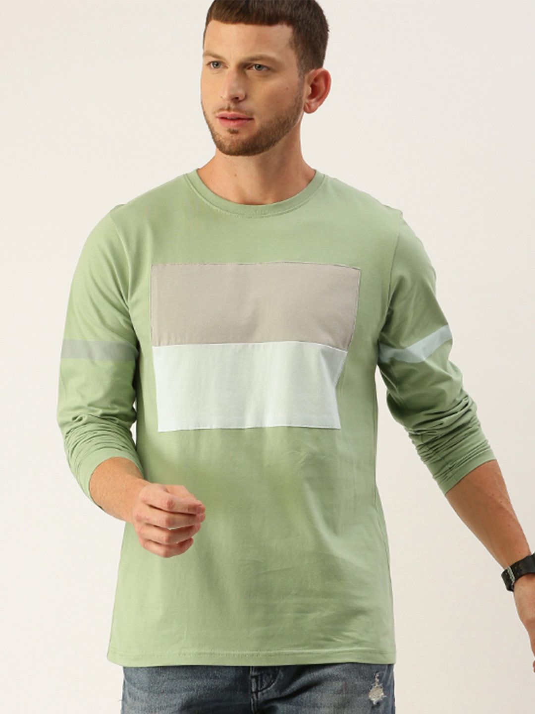 DILLINGER Men Green  Grey Colourblocked Round Neck Pure Cotton T-shirt