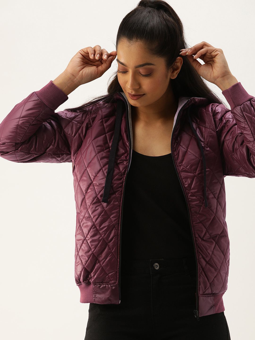 PINACOLADA Women Mauve Self Design Windcheater Quilted Jacket
