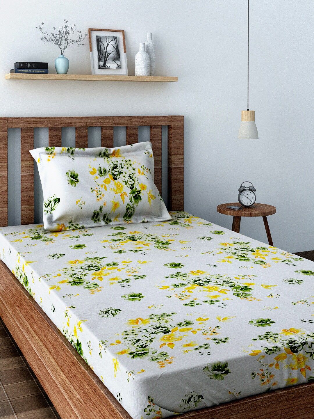 SWAYAM White Floral Cotton 160 TC Single Bedsheet with a Pillow Cover-90 x 59 inches