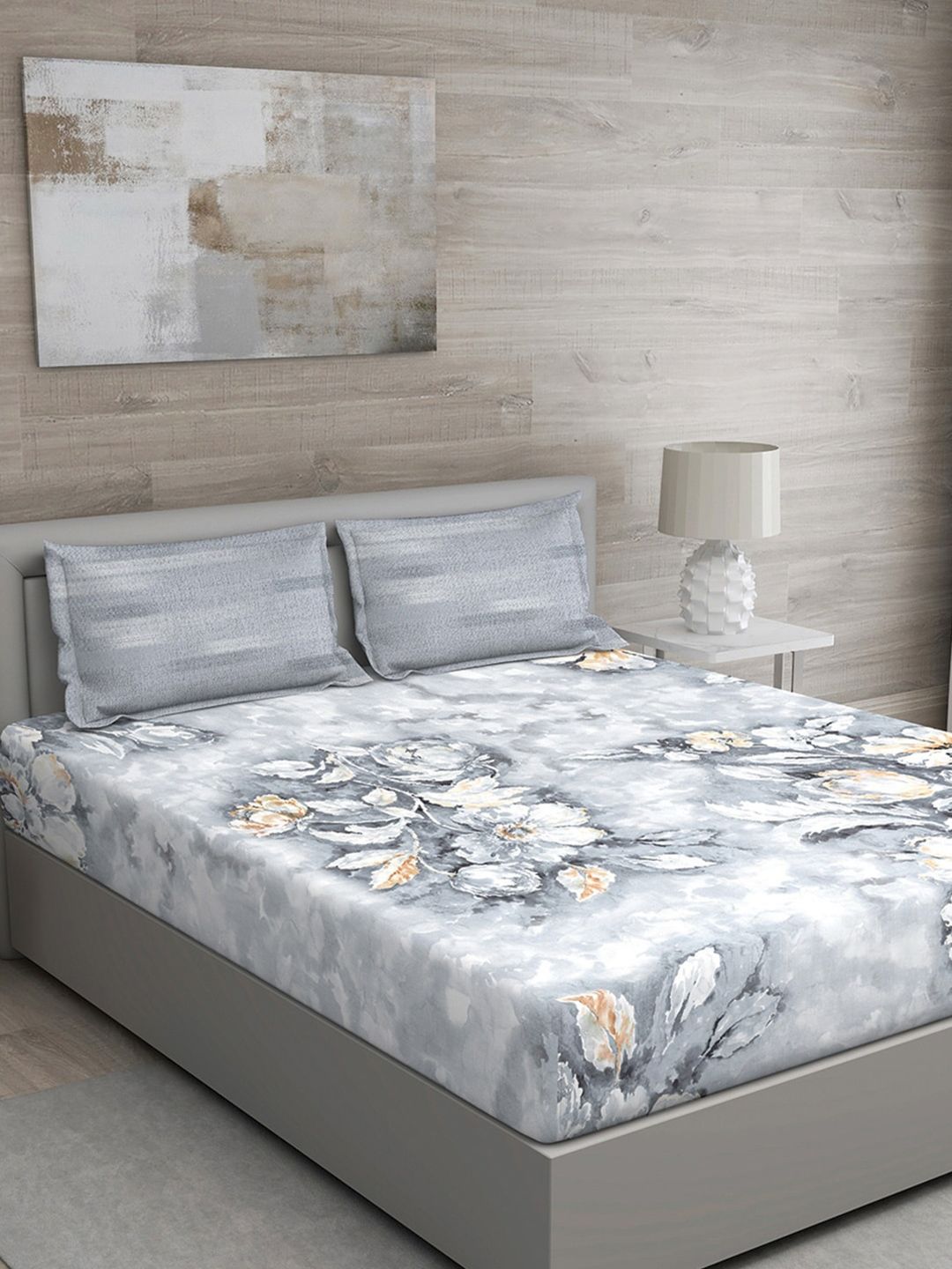 GM Grey Floral 144 TC Cotton 1 Super Queen Bedsheet with 2 Pillow Covers