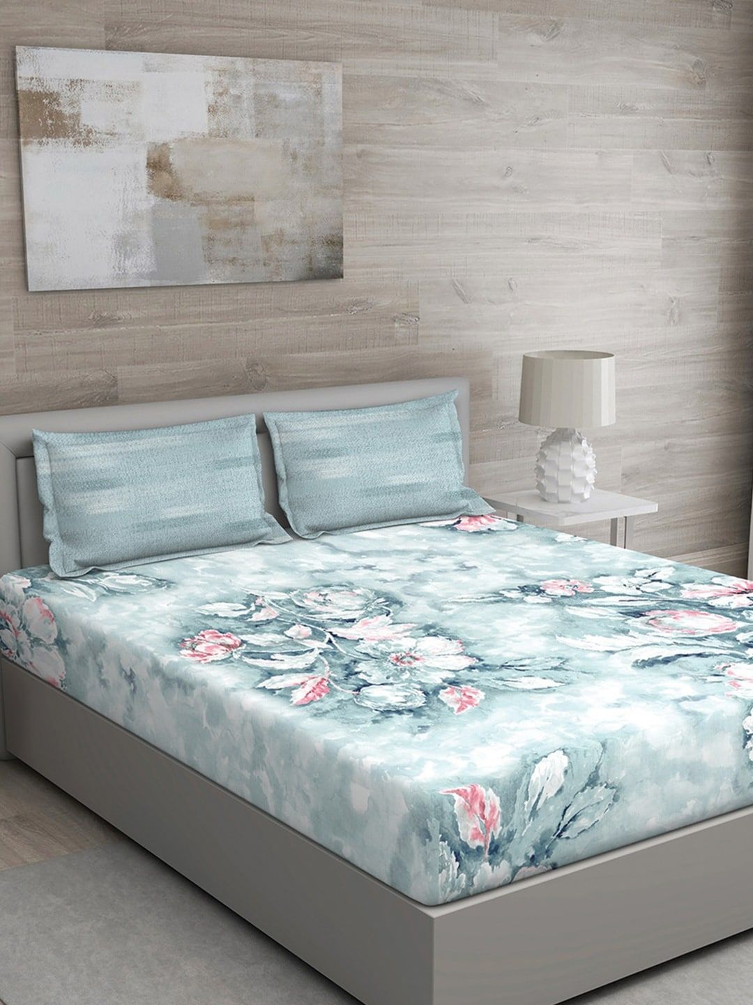 GM Blue Floral 144 TC Cotton 1 Super Queen Bedsheet with 2 Pillow Covers