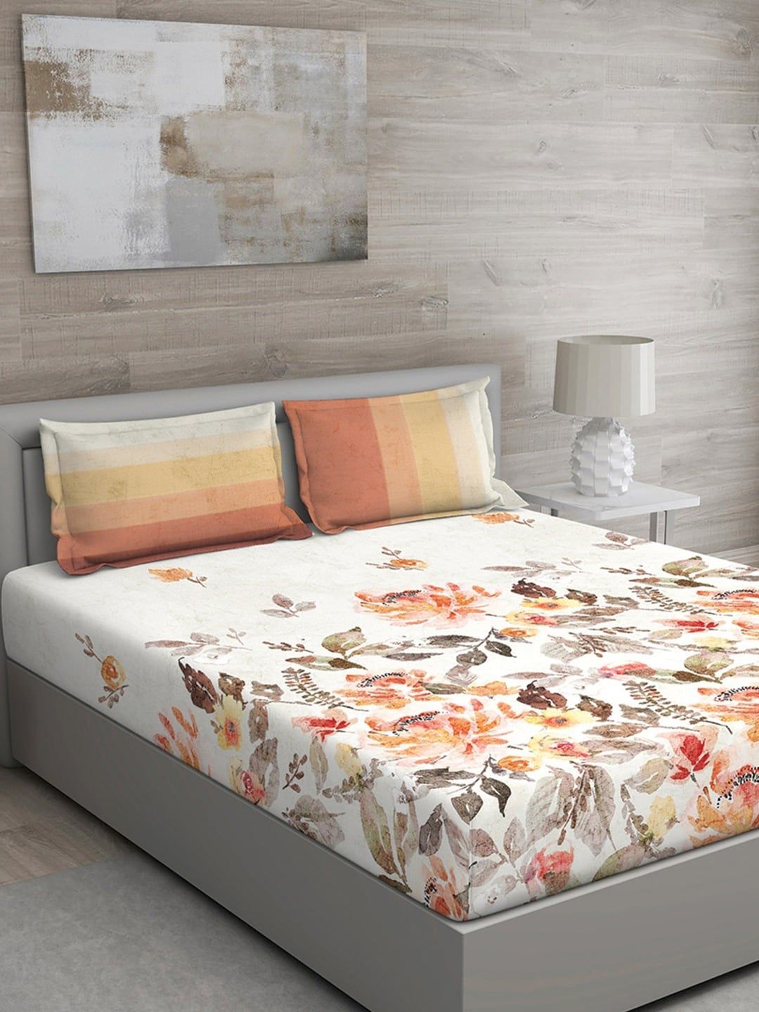 GM Orange & White Floral 144 TC Cotton 1 Super Queen Bedsheet with 2 Pillow Covers