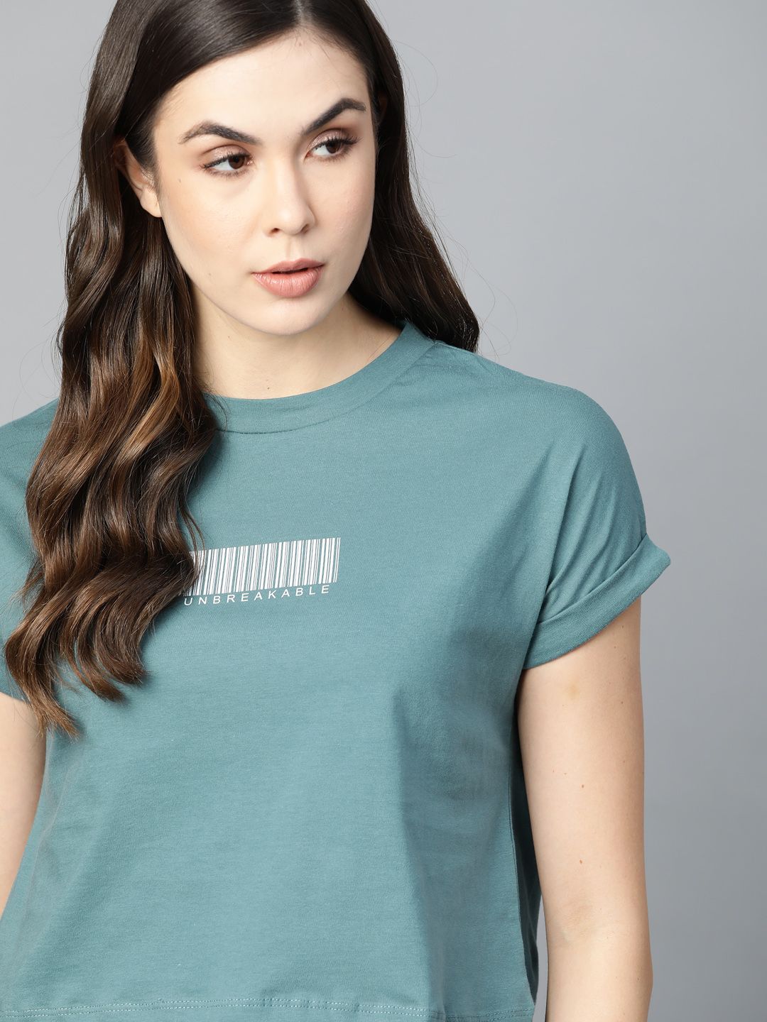 The Roadster Lifestyle Co Women Blue Solid Pure Cotton Extended Sleeves Pure Cotton T-shirt
