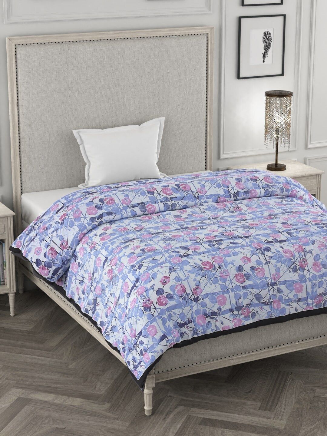ROSARA HOME Navy Blue & White Floral Printed 300 GSM Cotton Single Bed Quilt