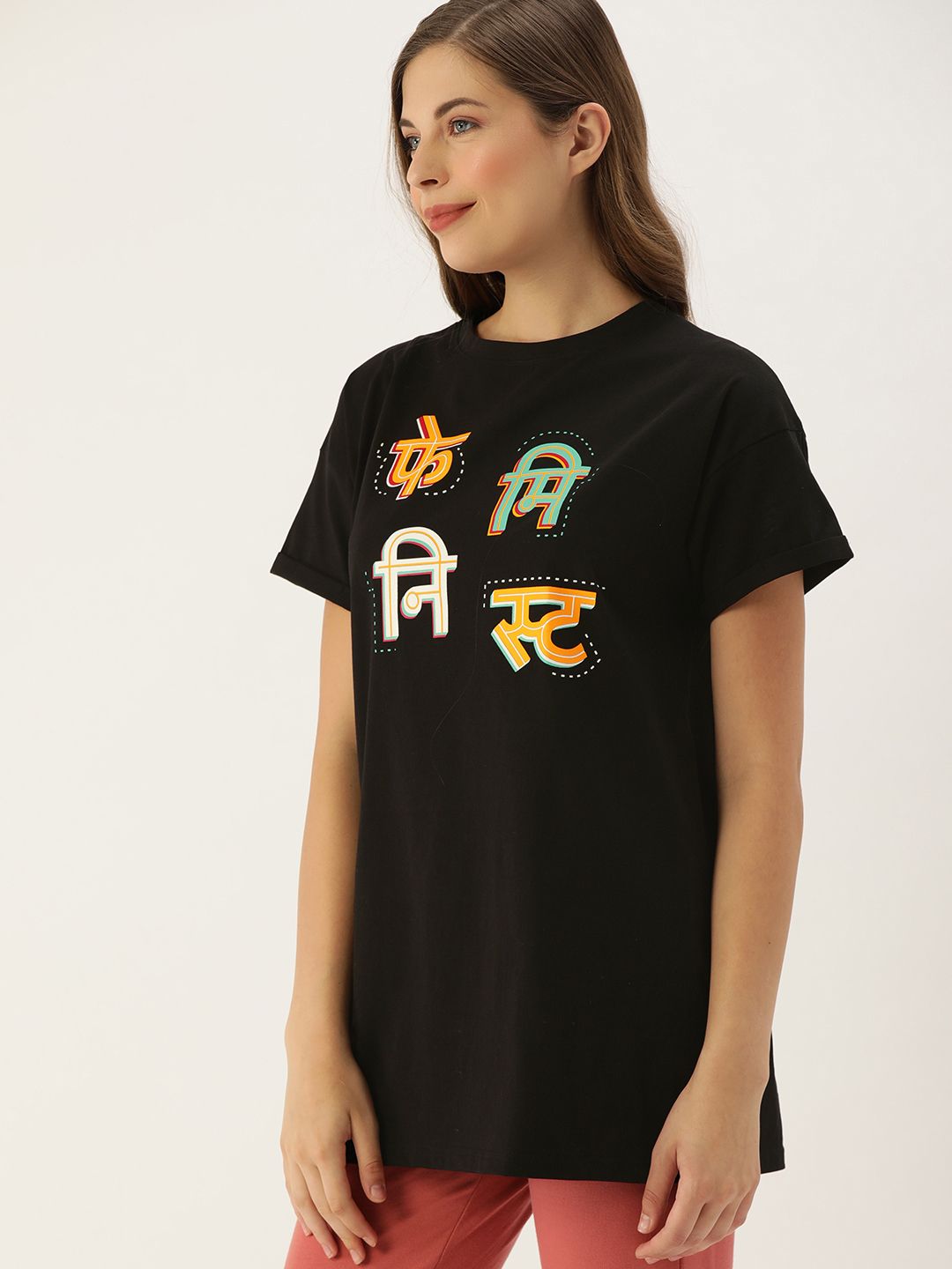 Clt.s Women Black Printed Longline Lounge Tshirt
