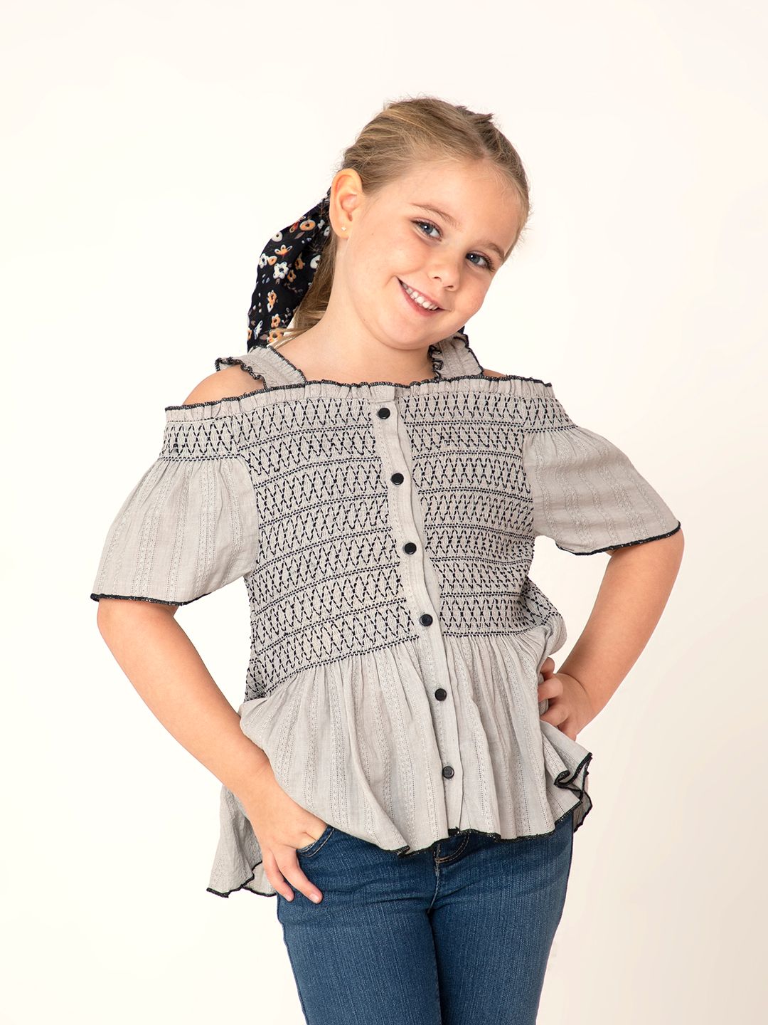 Girls Grey & Black Embroidered Cotton A-Line Top 2