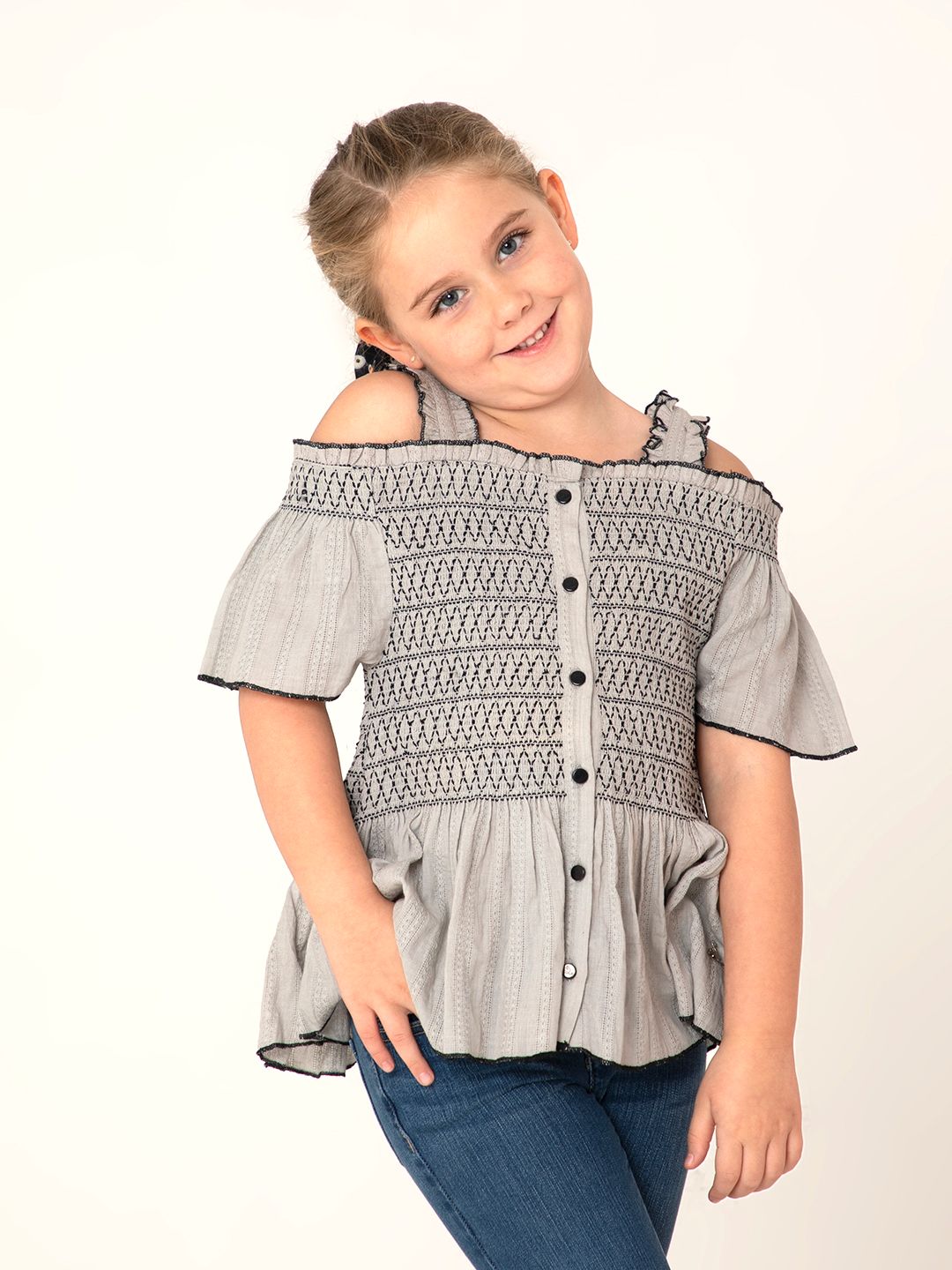 Girls Grey & Black Embroidered Cotton A-Line Top