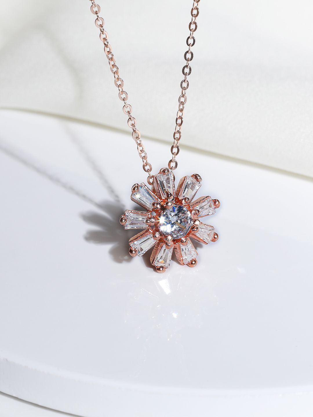 GIVA 925 Silver Rose Gold Baguette Flower Pendant with Link Studded Chain