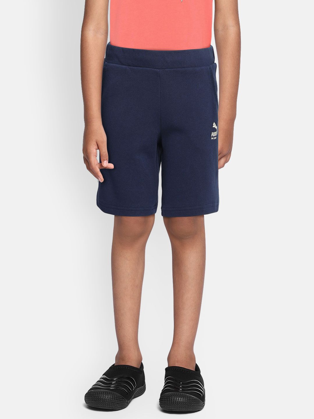 Puma Boys Navy Blue T4C Pique Solid Regular Fit Pure Cotton Shorts