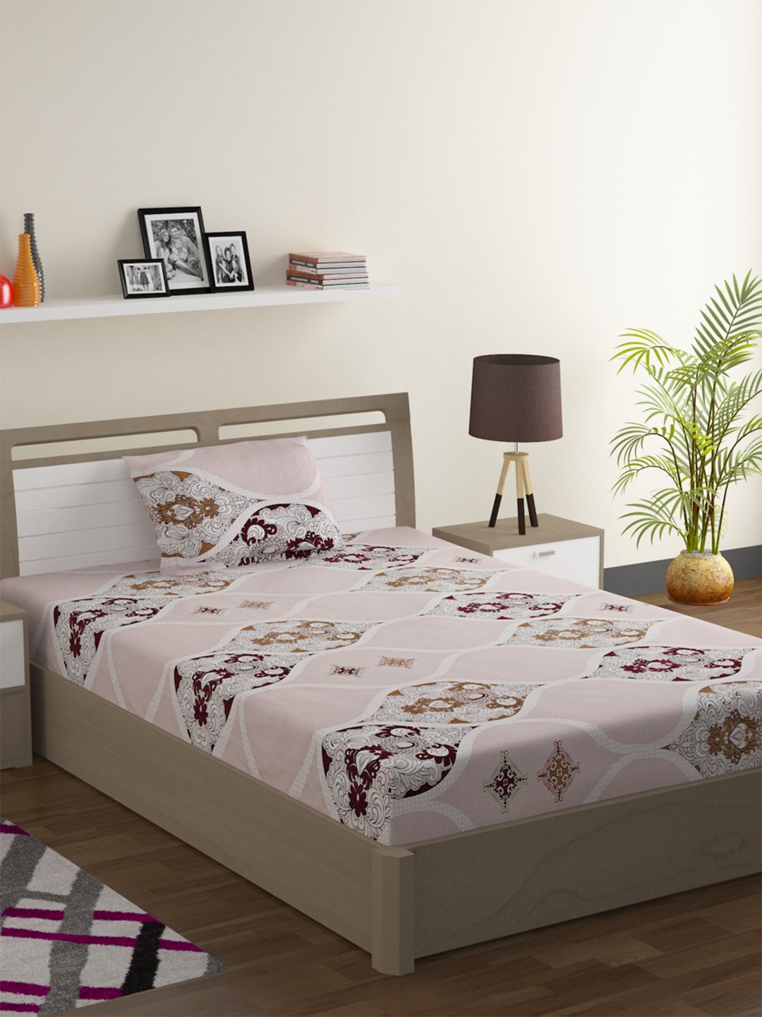 SWAYAM Pink Ethnic Motifs Cotton 144 TC Single Superfine Bedsheet with a Pillow Cover-89 x 59 inches