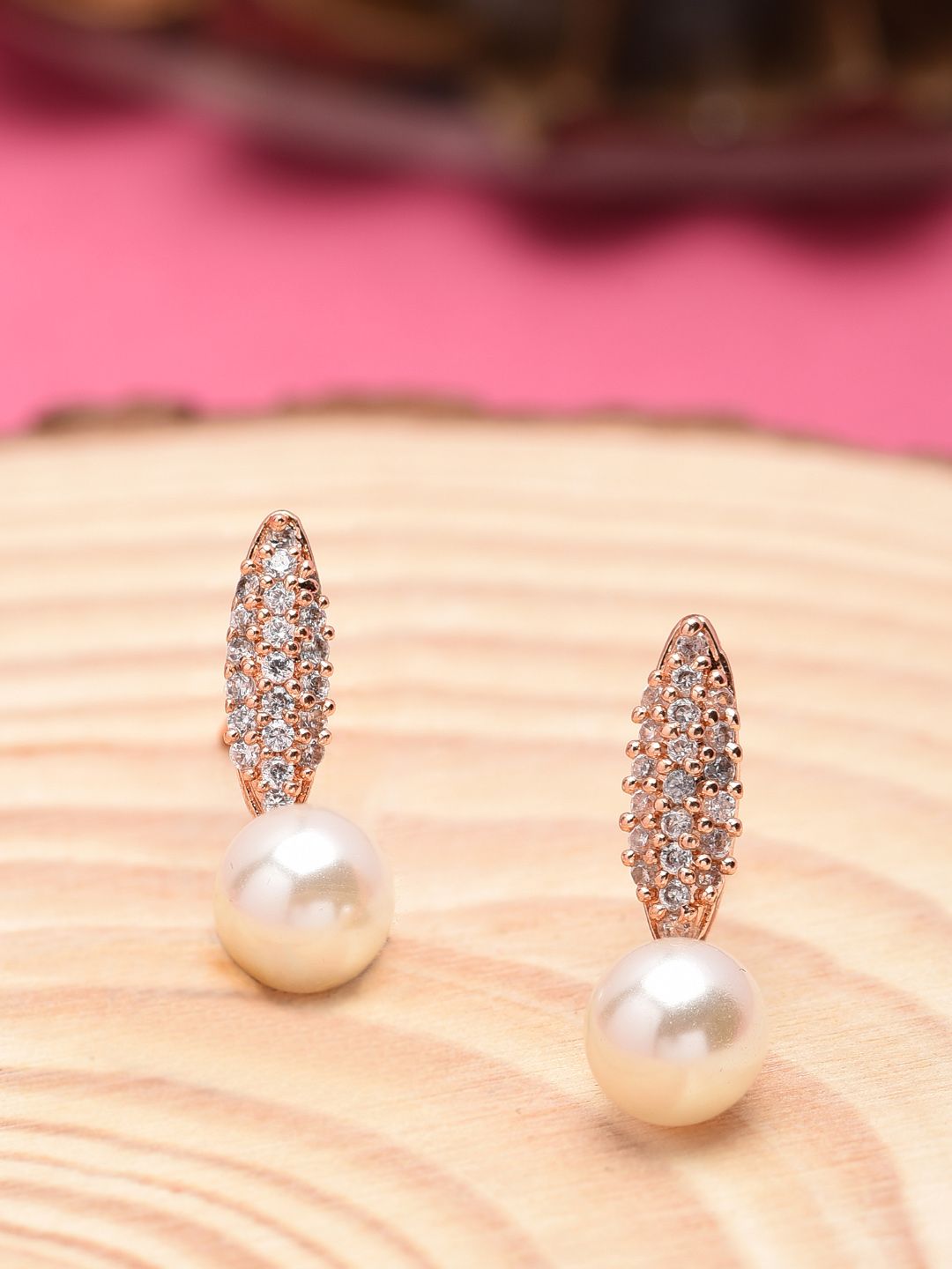 Zaveri Pearls White Rose Gold-Plated Cubic Zirconia Spherical Drop Earrings